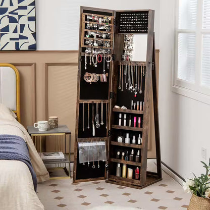 Brown Mirrored Jewelry Cabinet Armoire Lockable Standing Storage Organizer with Shelf
